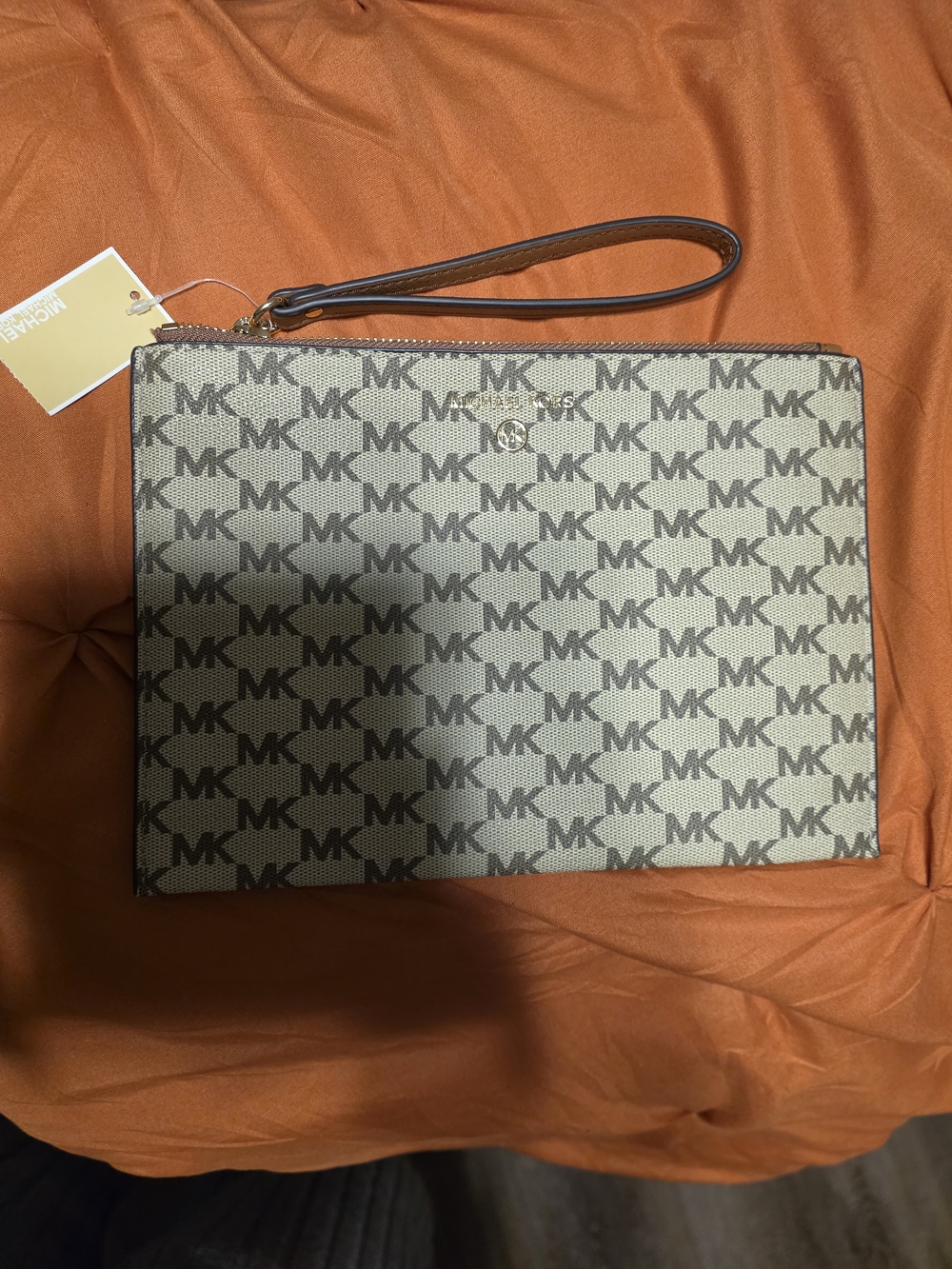 Michael Kors Beige MK Logo Wristlet with Brown Strap